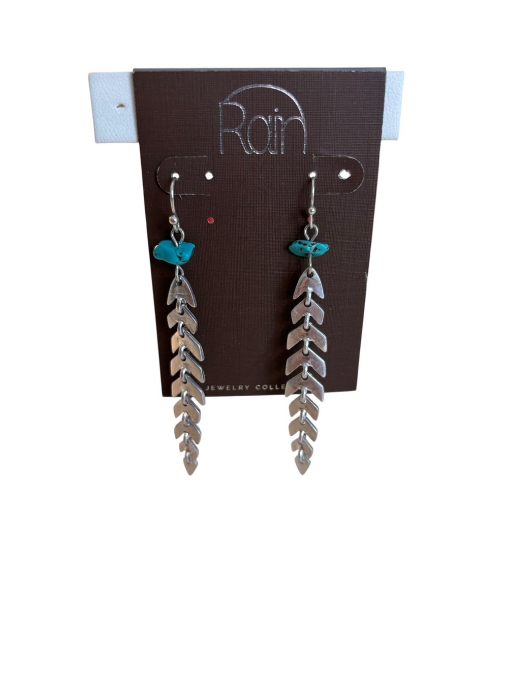 Silver Toned Chevron Designed Drop Earrngs w/ Faux Turquoise Gemstone Accent.
